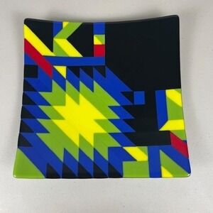 Handcrafted Fused Glass Square Console Abstract Geometric Black Blue Yellow 12in